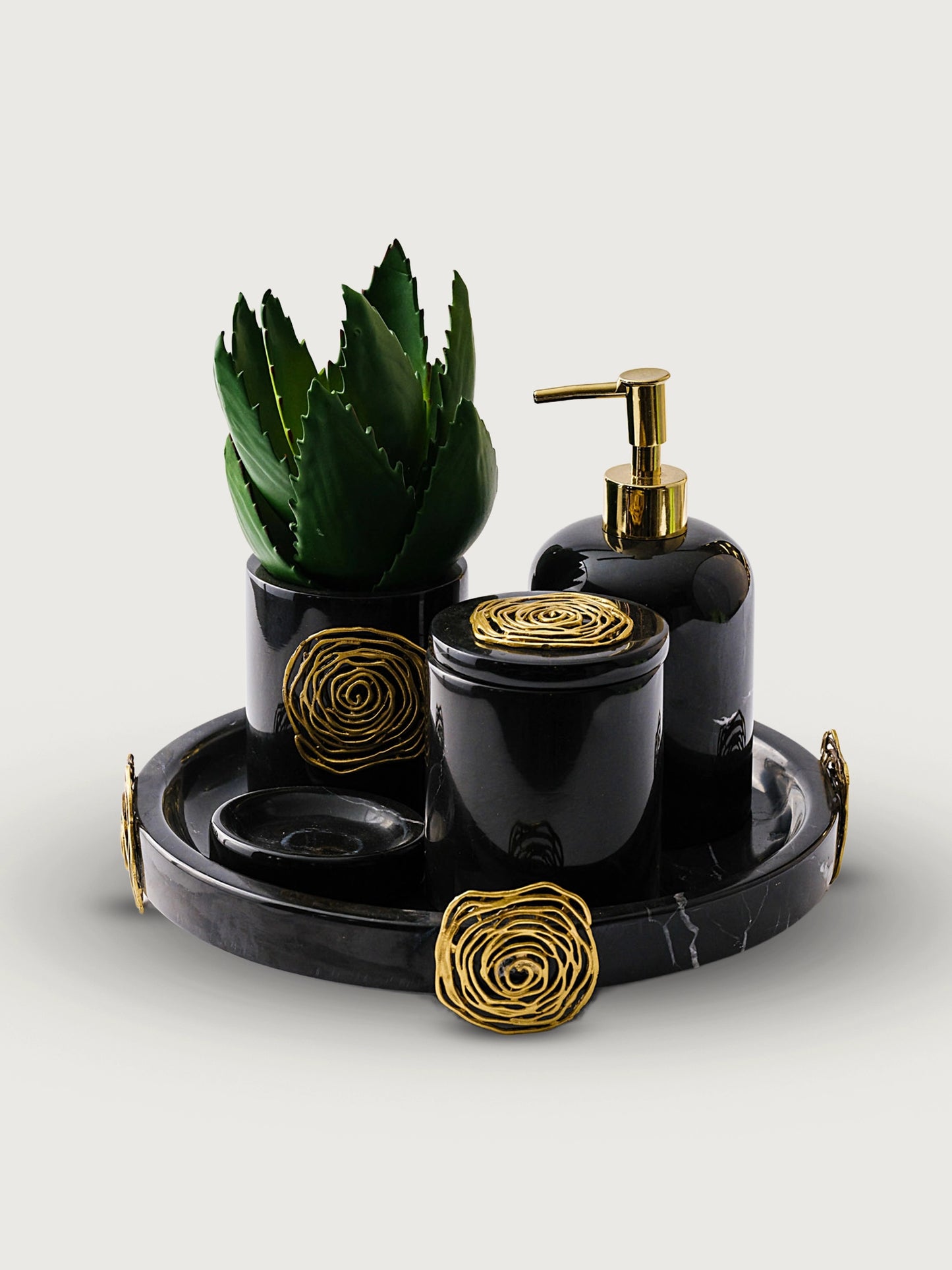 premium malzeme ile üretilmiş, el yapımı özgün Yuvarlak Banyo Seti Tepsi, Diş Fırçalık, Kutu, Sıvı Sabunluk, Katı Sabunluk dekoratif tepsi tasarımı.