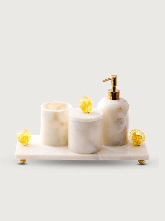 Cam Burgulu Banyo Seti(Tepsi, Diş Fırçalık, Kutu, Sıvı Sabunluk)