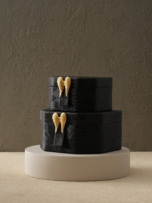 2'li Pirinç Melek Kanatlı Deri Kutu