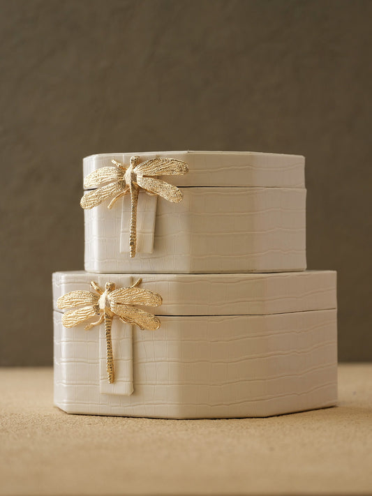 2'li Beşgen Deri Kutu-Beyaz