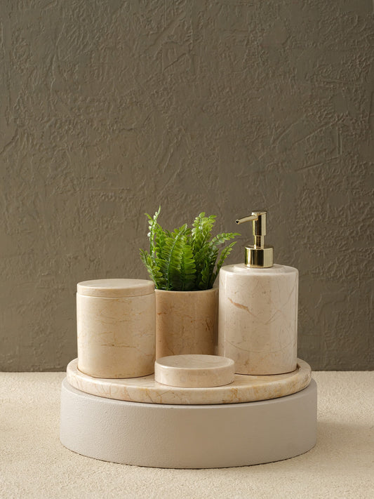 Bej Banyo Seti (Tepsi, Diş Fırçalık, Kutu, Sıvı Sabunluk)